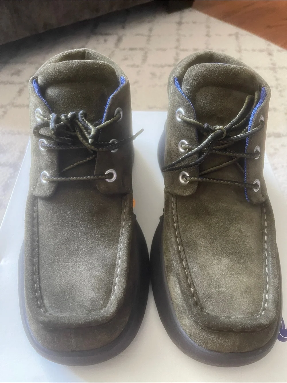 Burberry Olive Green Suede Chukka Boots with Blue Trim